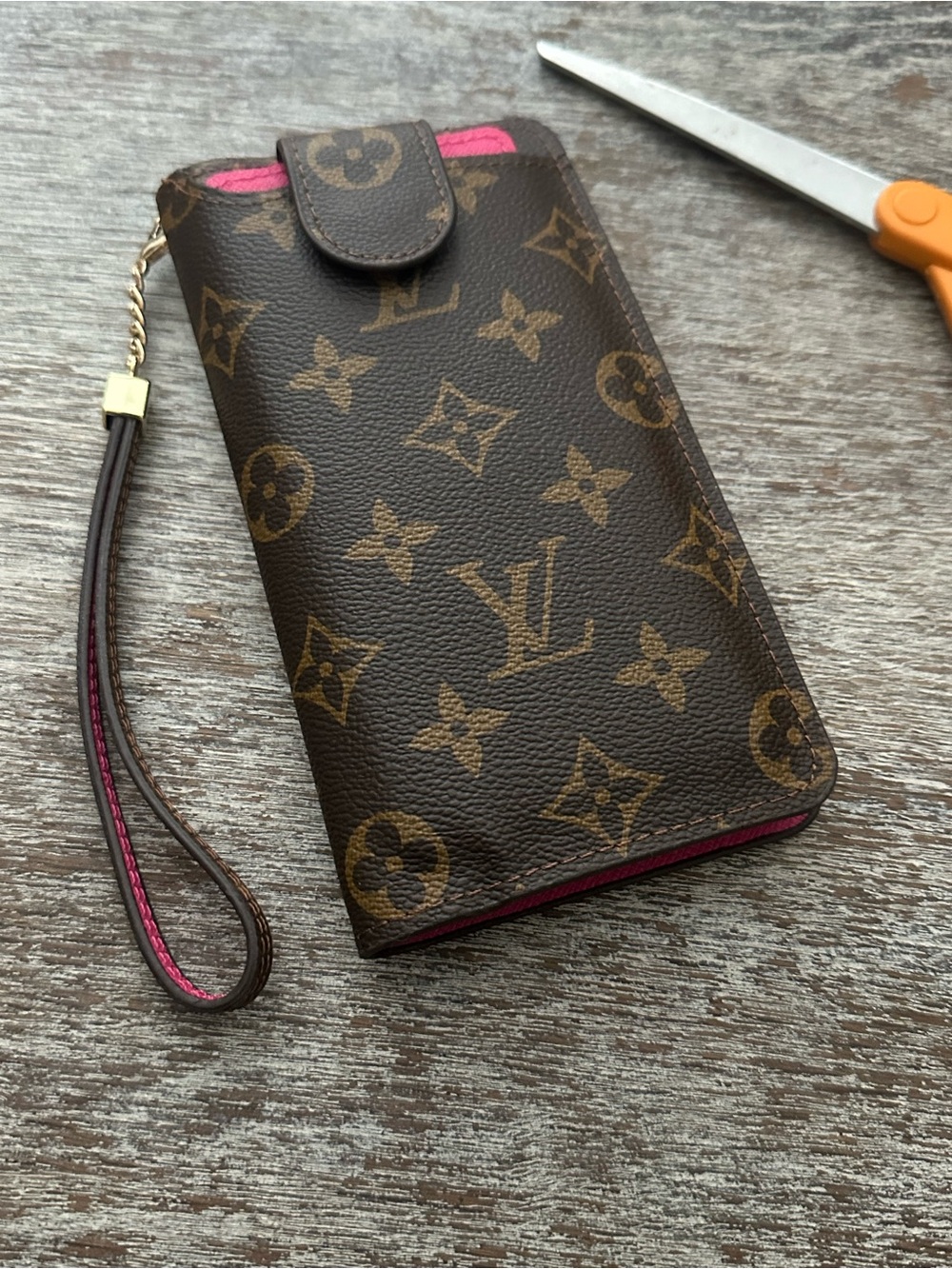 Monogram Wristlet Clutch/Phone Case in Brown with Pink Trim - Picture 3 of 16